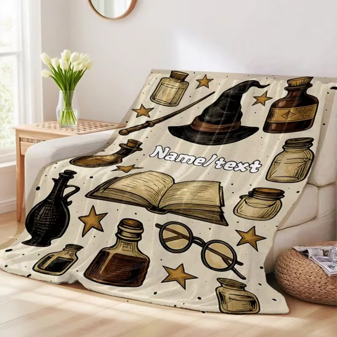 Custom Name Text Magic Element Flannel Blanket, Wizard Hat Wand Magic Book Print Throw for Sofa Bed Travel Camping Office