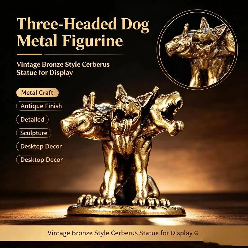 Three Headed Wolf Miniatures Figurines Brass Mythology Animal Small Statue Desktop Ornaments Home Decor Crafts Accessories〔Nest〕