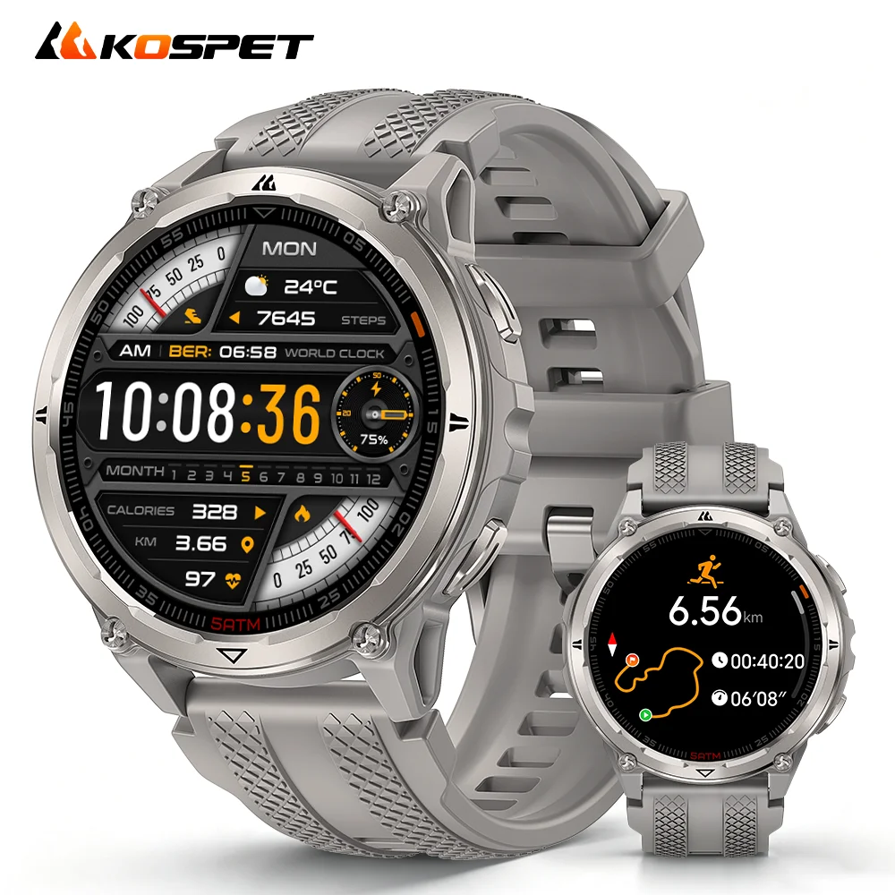 KOSPET ORB 2 GPS-Smartwatch für Herren, AMOLED, robuste Uhr in Militärqualität, Dualband-GPS, 5ATM, IP69, wasserdicht, Taschenlampe, Sport