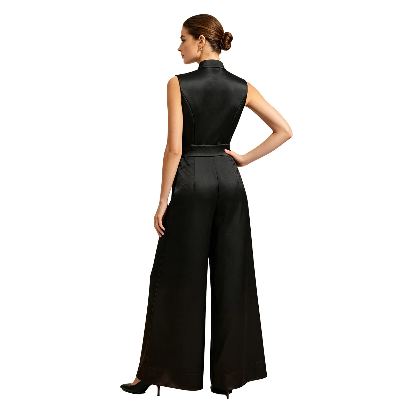 Women Satin Dressy Elegant Jumpsuit for Wedding Party Business Meeting Sleeveless Stand Collar V-neck Zipper Wide-leg Bodysuit