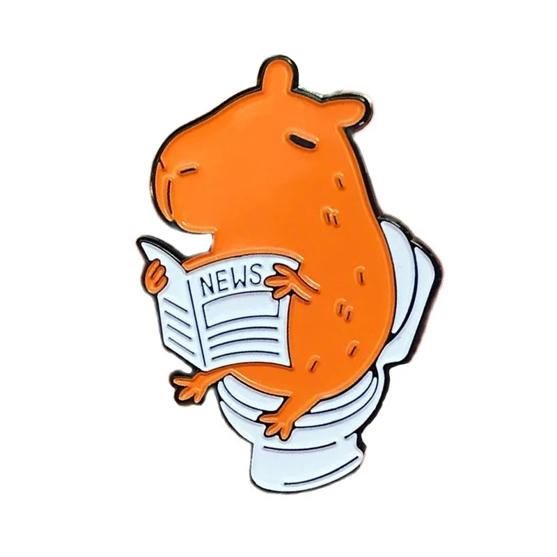 Harong New Funny Capybara Enamel Pin Cute Animal Capybara Reading a Newspaper and Going to the Toilet Enamel Brooch