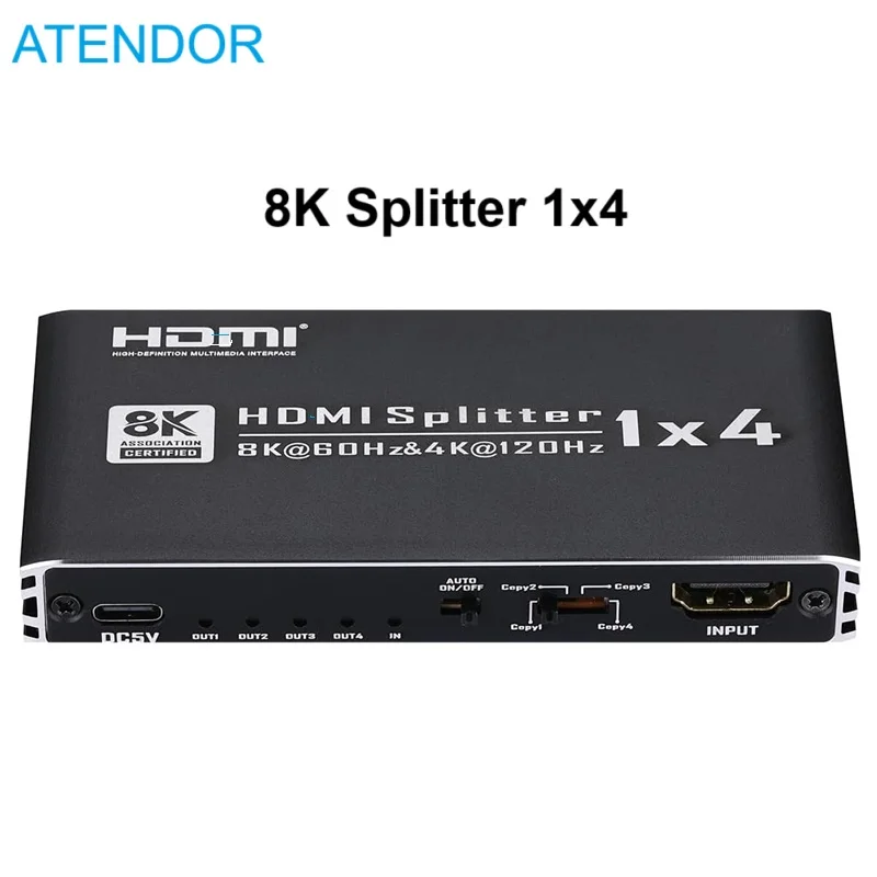 8K@60Hz HDMI-Compatible Splitter 1 in 4 Out 1x4 4K@120Hz 1080P@240Hz VRR HDCP2.3 HDR10 48Gbps EDID Dolby Atmos 7.1 for PS5 XBOX