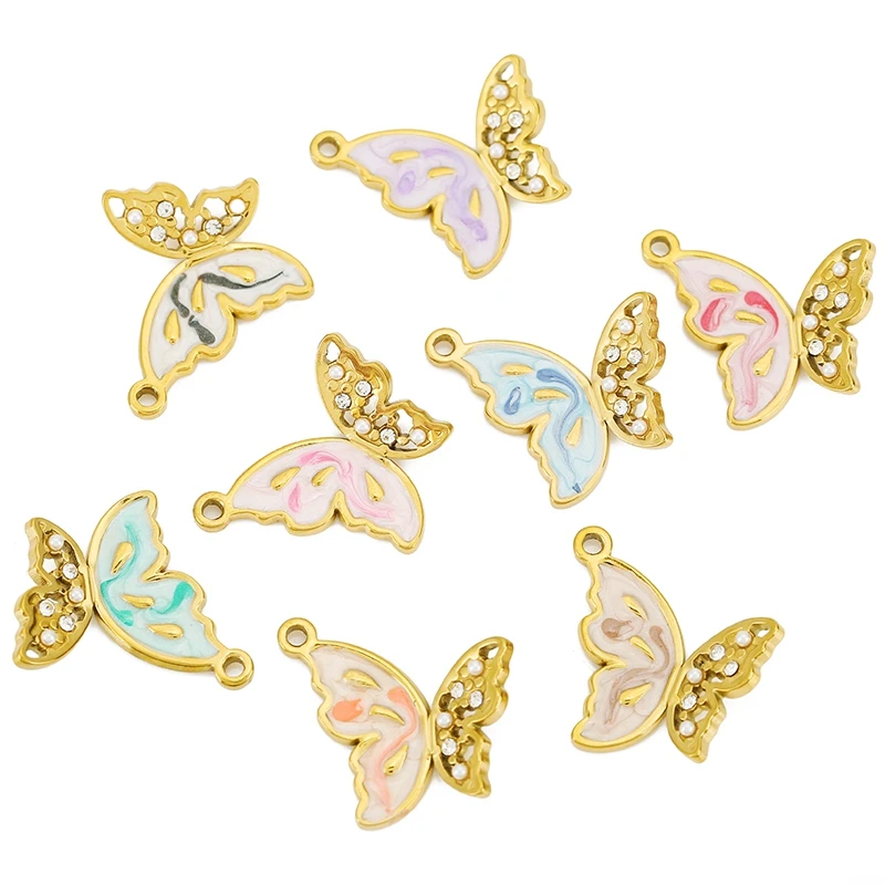 

4pcs/lot Zircon Pearl Enamel Stainless Steel Butterfly Charm Pendant for DIY Earring Necklace Luxury Jewelry Making Supplies