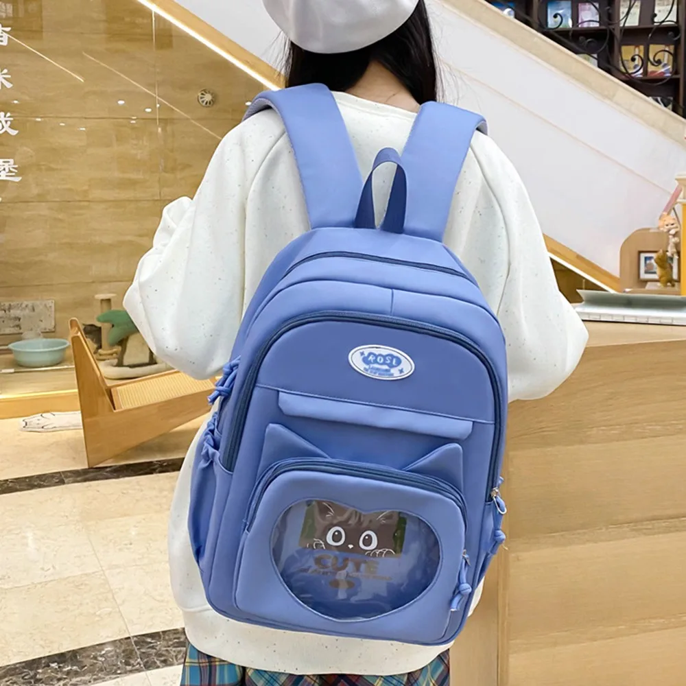3pcs/set Nylon Transparent School Backpack Large Capacity Waterproof Students Ita-bag Pencil Bag Solid Color