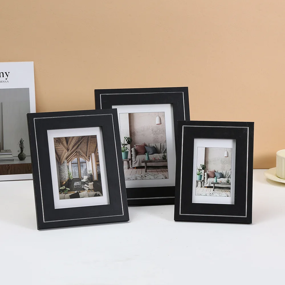 

High-end black wooden photo frame with silver stripes Light luxury modern simple decorative picture frame hanging wall blank
