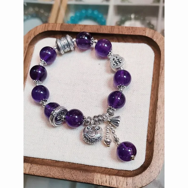 Natural snowflake amethyst silver bracelet, women's Panax notoginseng silver heavy industry Panjia bracelet, high-end gift