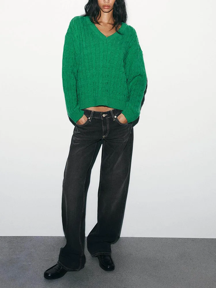 

Spring 2026 New Arrival Women's Knitted V-ne Sve V-ne Eight-strand Woven Sweater Casual Loose Fit ort Length