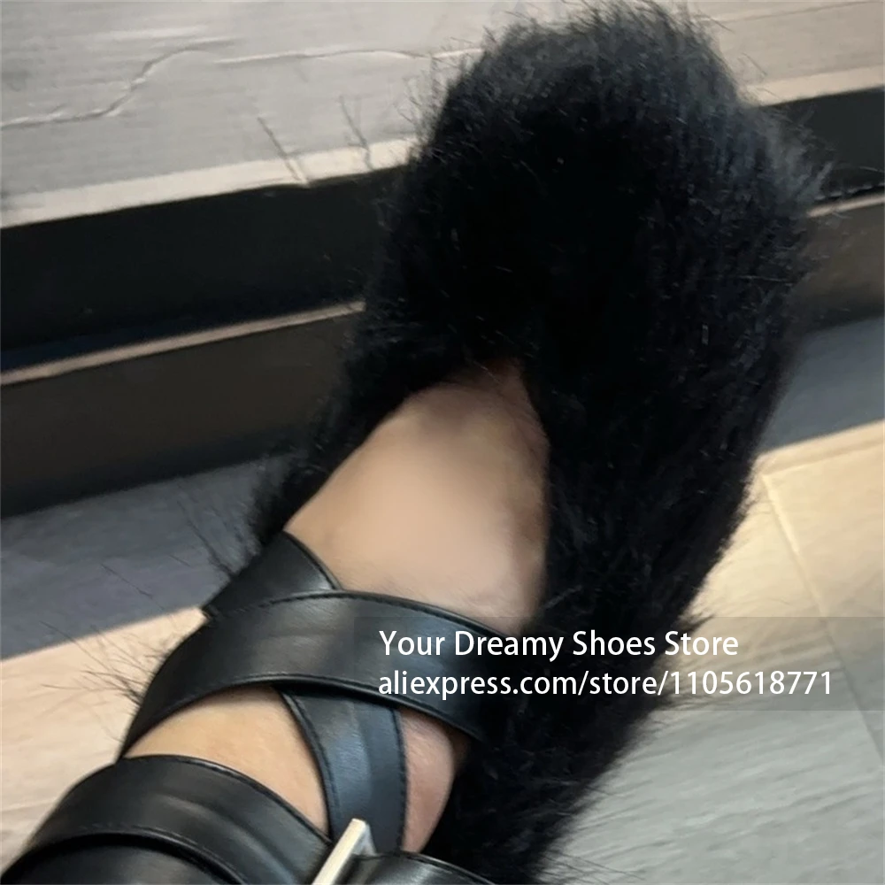 Black Long Pile Faux Fur Upper Flats Wide Wrap Around Leather Ankle Strap with Buckle Cozy Winter Fur Flats  Daily Outfit Shoes