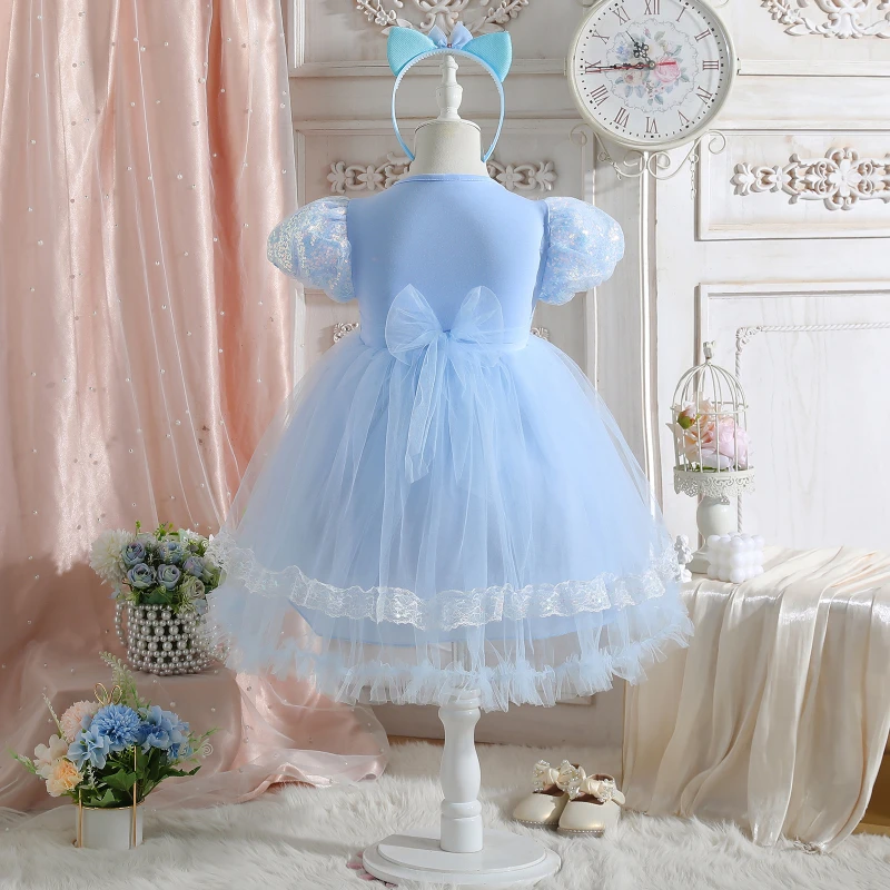 Girls' Dress Summer New Baby Girls' Sequined Pommel Dress with Puffy Sleeves Sweet Princess Dress