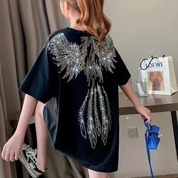 Top Female Glitter Baggy Women's T-shirt Sequin Summer Outfit Rhinestone Graphic White 2025 High Quality Kpop Yk2 Korean Sale
