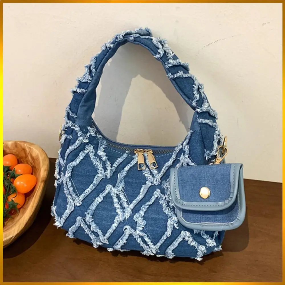 

Women Denim Handbag Diamond Pattern Fashionable Handbag Large Capacity Vintage Denim Shoulder Bag Shopping Bag with Purse