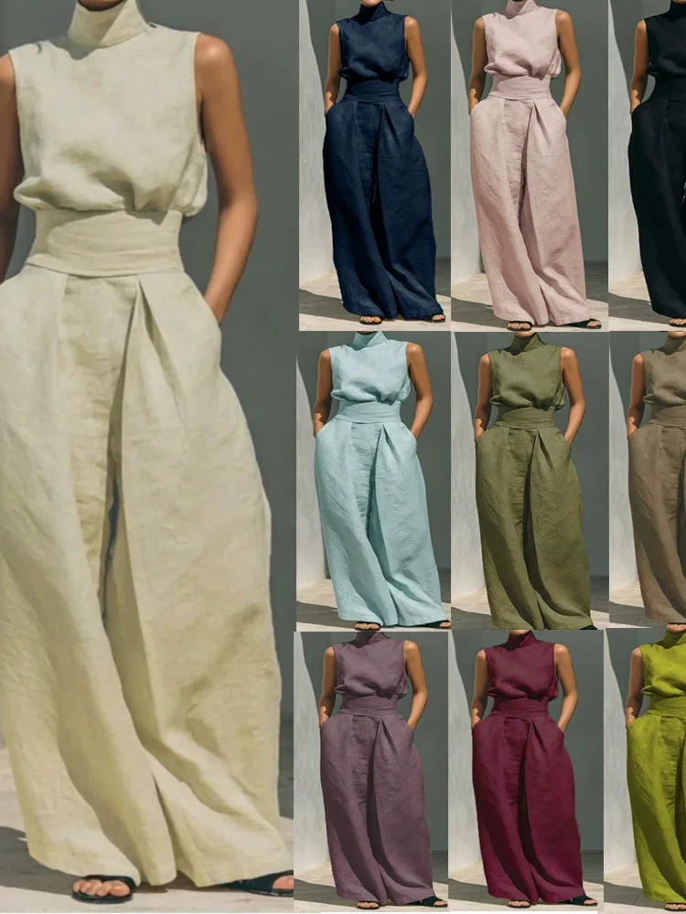 

Spring Summer 2026 Casual Cotton Linen Sleeveless Long Pants Women's Set High Waist Loose Fit T-Shirt Top Set for Women