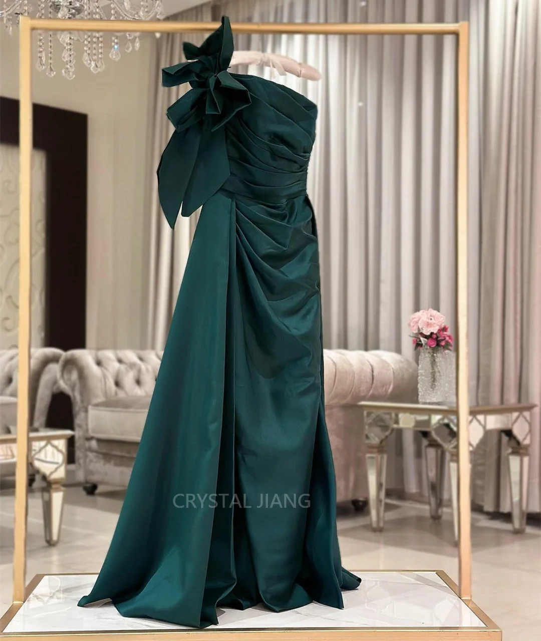 Long Satin Green One Shoulder Evening Dresses  فساتين السهرة Sheath Pleated Floor Length Prom Dress Robe de soirée for Women