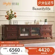 American French retro all-solid wood TV cabinet living room small apartment modern simple glass locker furniture