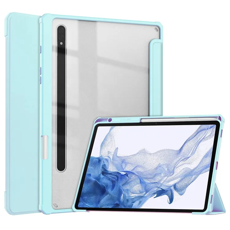 

For Samsung Galaxy Tab S8 Tri-fold Stand PU Leather + TPU + Acrylic Smart Tablet Cover Case with Pen Slot - Sky Blue