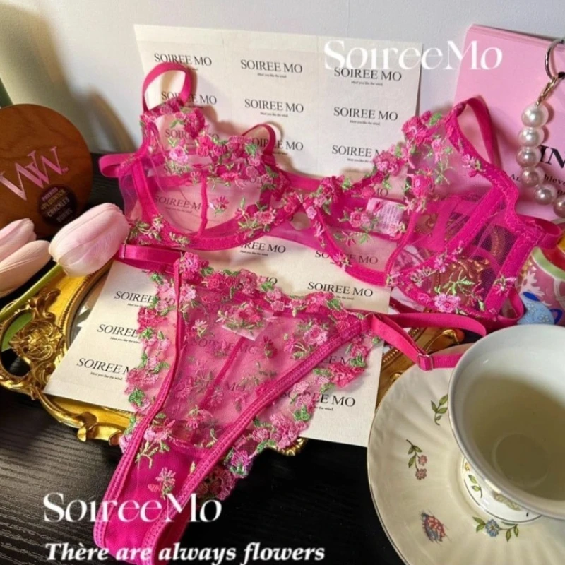Romantisches Blumen-Dessous-Set für Damen, französischer Tüll-BH, bestickte Spitze, Unterwäsche, sexy, süß, durchsichtig, rosa Bralette, Höschen-Set, MOYISU