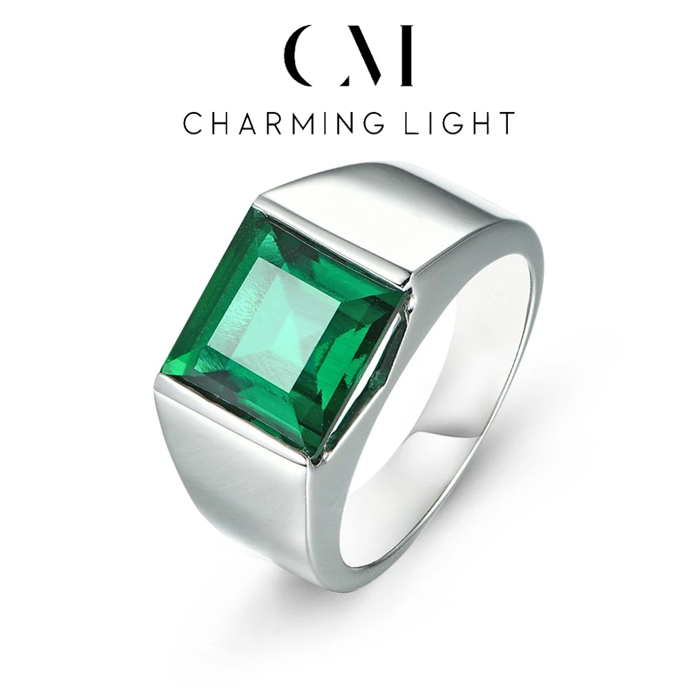 CHARMING Created Emerald 4.8 Carats in Square S925 Silver Blue Sapphire Gemstone Precious Jewelry Top Quality For Men Hot Sale