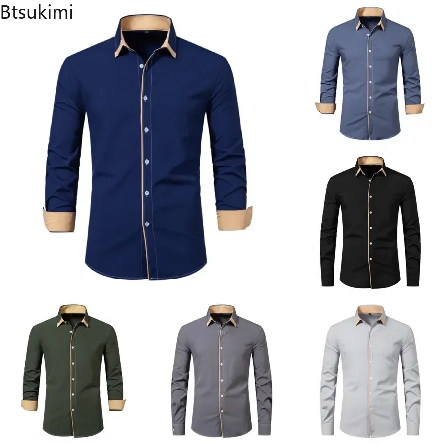 2025 Nowe wiosenne koszule z długim rękawem Moda męska Biznesowe koszule casualowe Slim Button Lapel Patchwork Social Shirt Tops Męskie