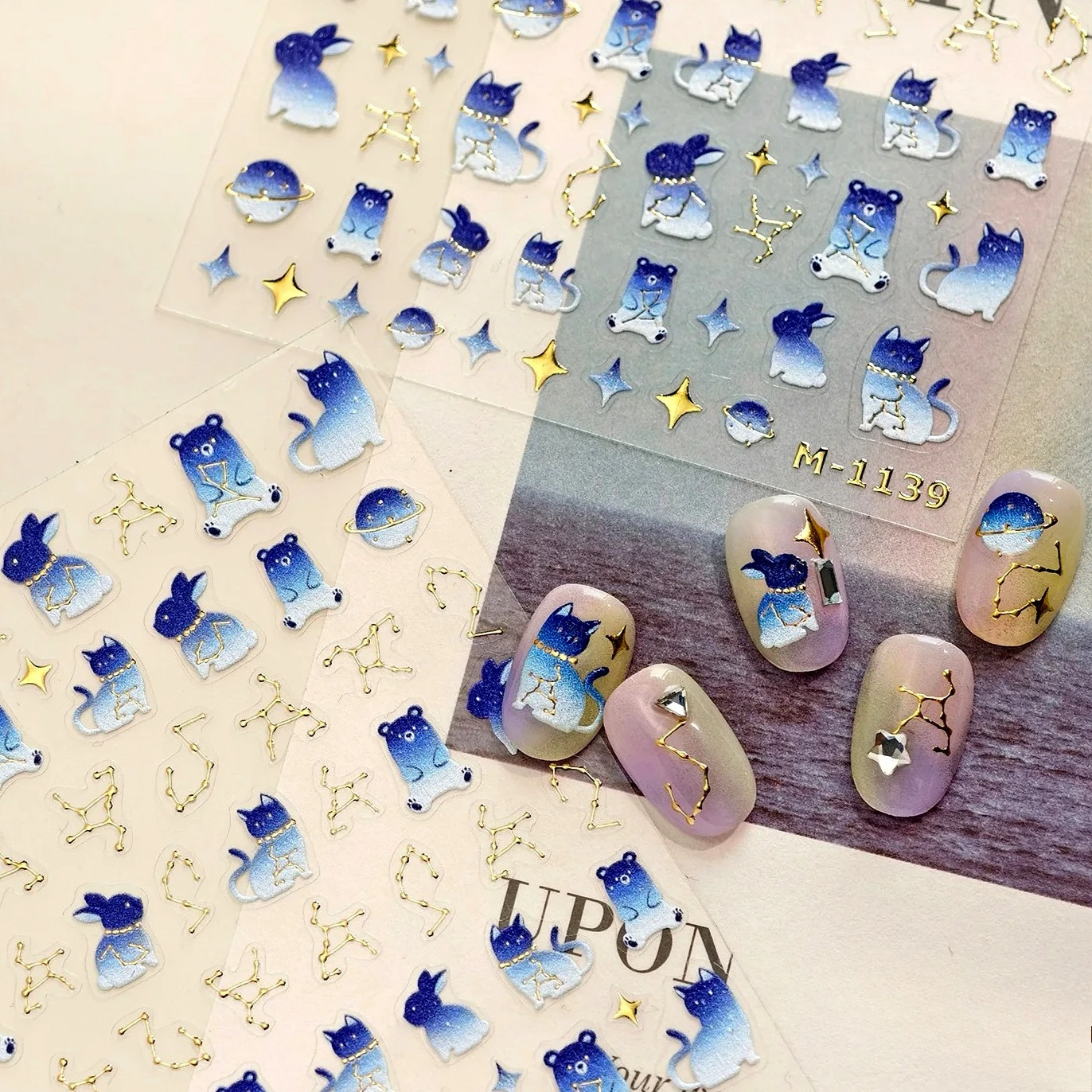 

Gradient Bear Rabbit Cat Gold Stamped Constellations Totems Star Planet Blue Nail Art Stickers Lovely Bunny Manicure Tool Decals