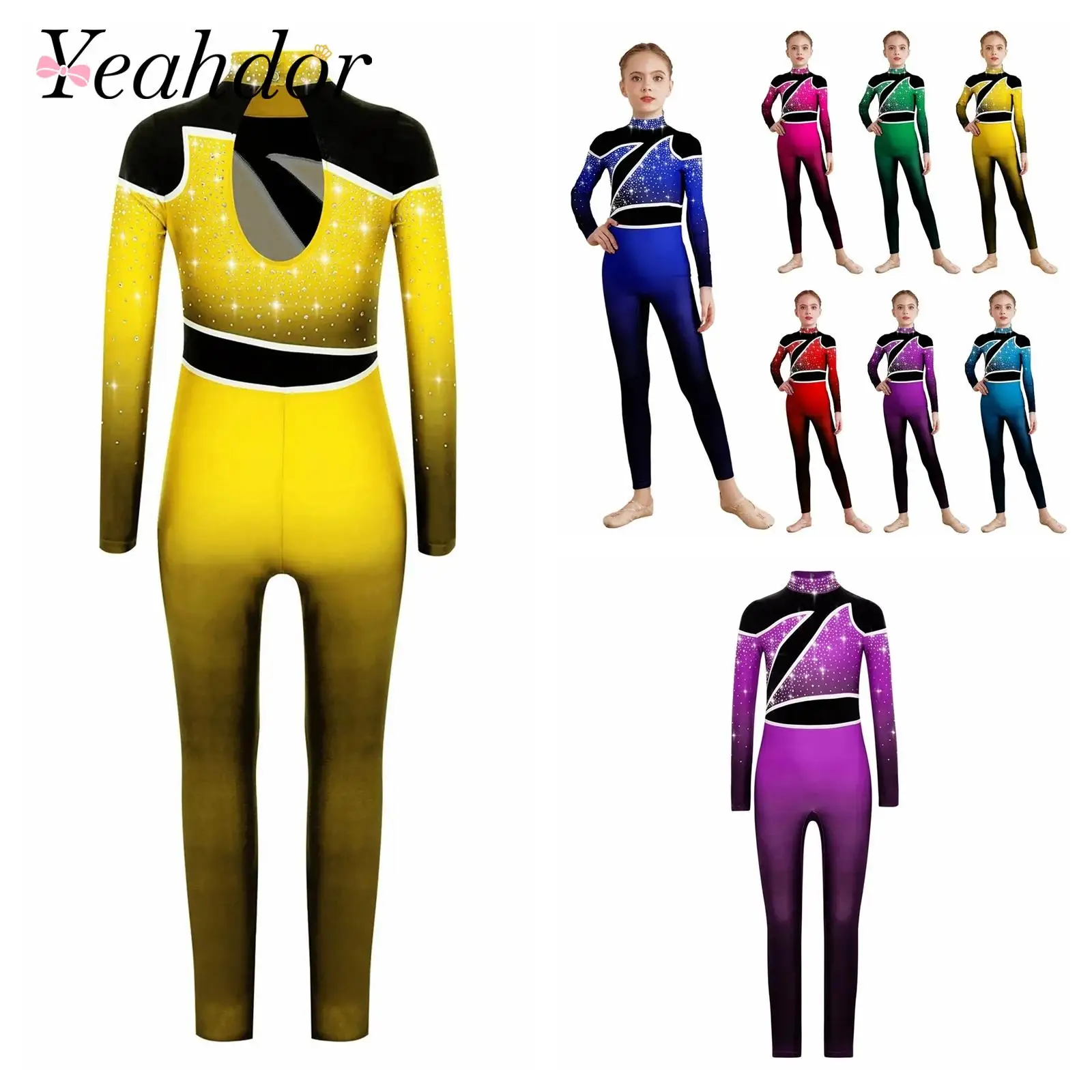 Children's Long Sleeve Bodysuit Kids Girls Dance Leoatrds Dancewear Performance Costume Color Block Rhythmic Gymnastics Jumpsuit