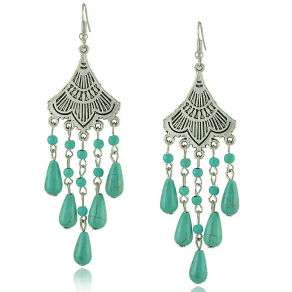

Women Vintage Turquoise Ethnic Tassel Dangler Drop Earrings