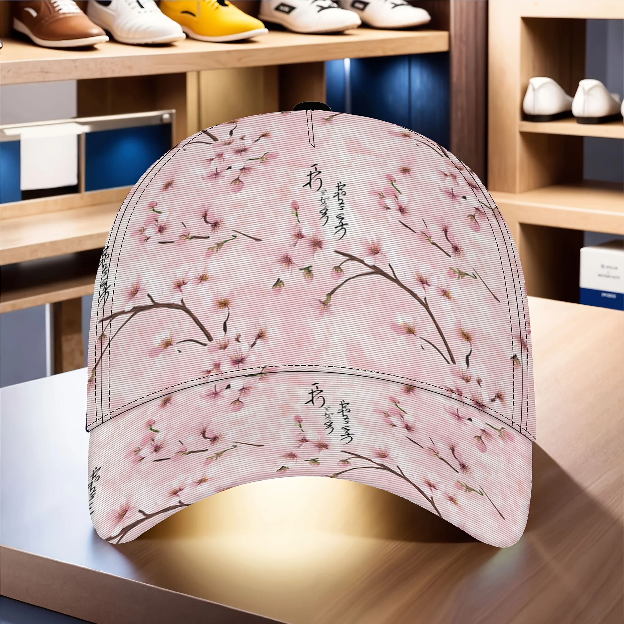 Customization Baseball Cap Featuring A Cherry Blossom Branch Design, Inspired By Japanese Aesthetics And Wind Motifs. This Artis