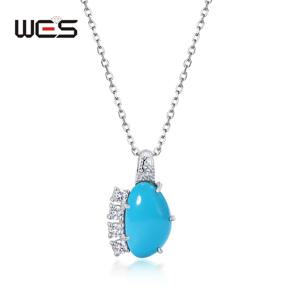 WES 925 Sterling Silver Turquoise Pendant Necklace for Woman 7*12mm Gemstone Luxury Jewelry Anniversary Party Gifts