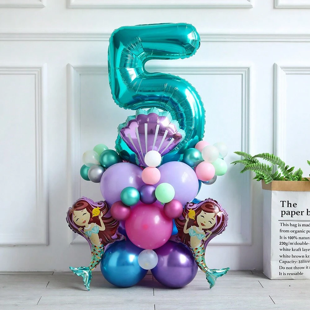 46pcs/set Little Mermaid Party Balloon with 30inch Nylon Blue Number Foil Balloons Kid Girl 1-9 Years Old Birthday Party Decor