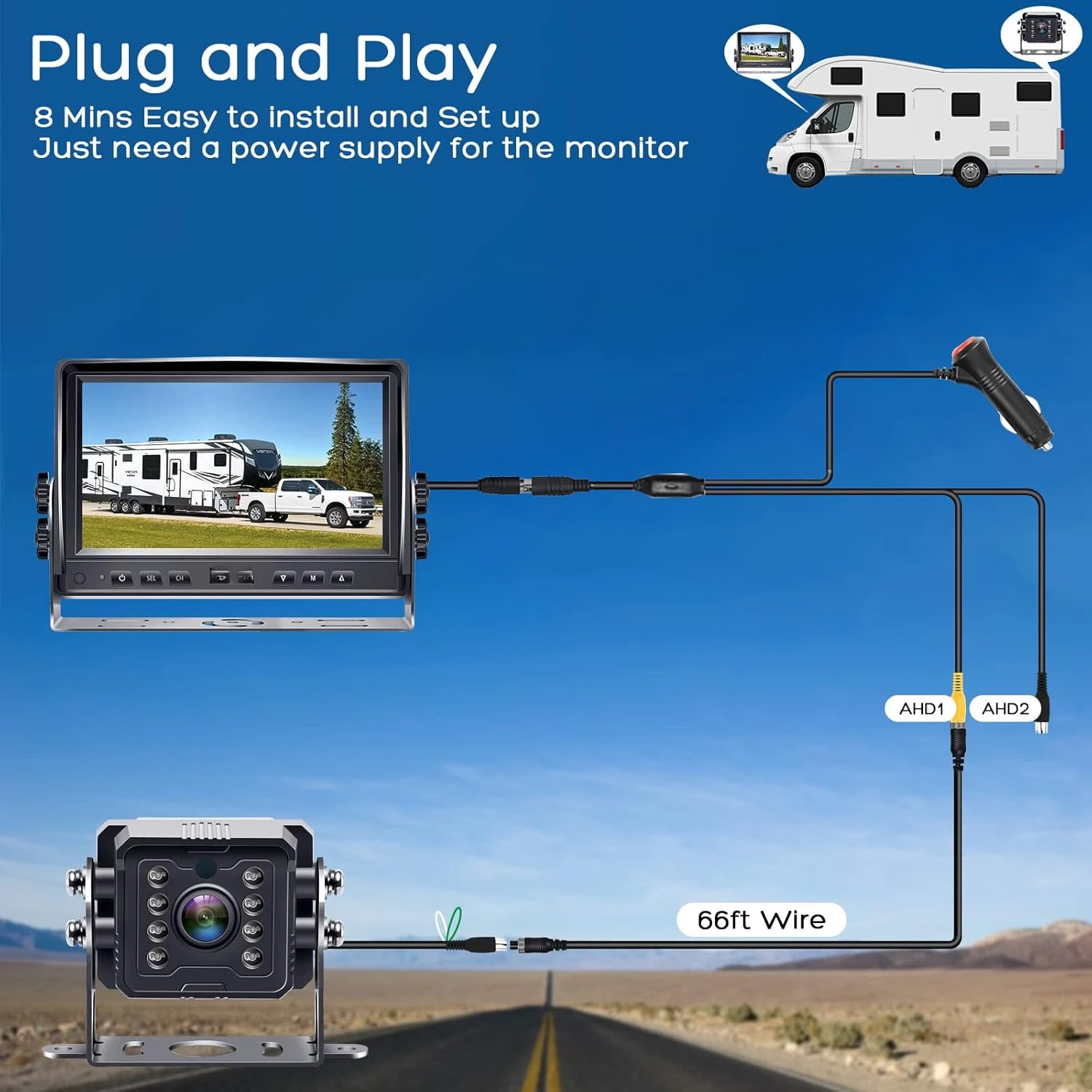 RV Backup Camera Plug and Play - No Delays 7 Inch HD 1080P Rear View Camera with IR Night Vision 2 Channels