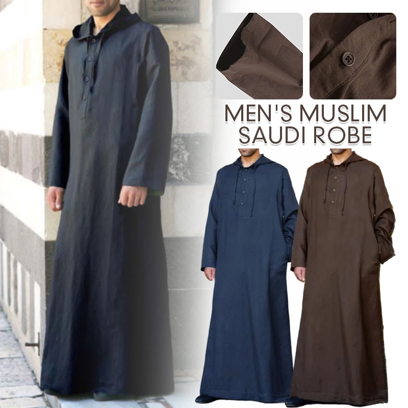 

Men's Long Sleeve Loose Muslim Islamic Clothing Saudi Arabia Pakistan Kurta Muslim Dress Kaftan Thobe Hooded