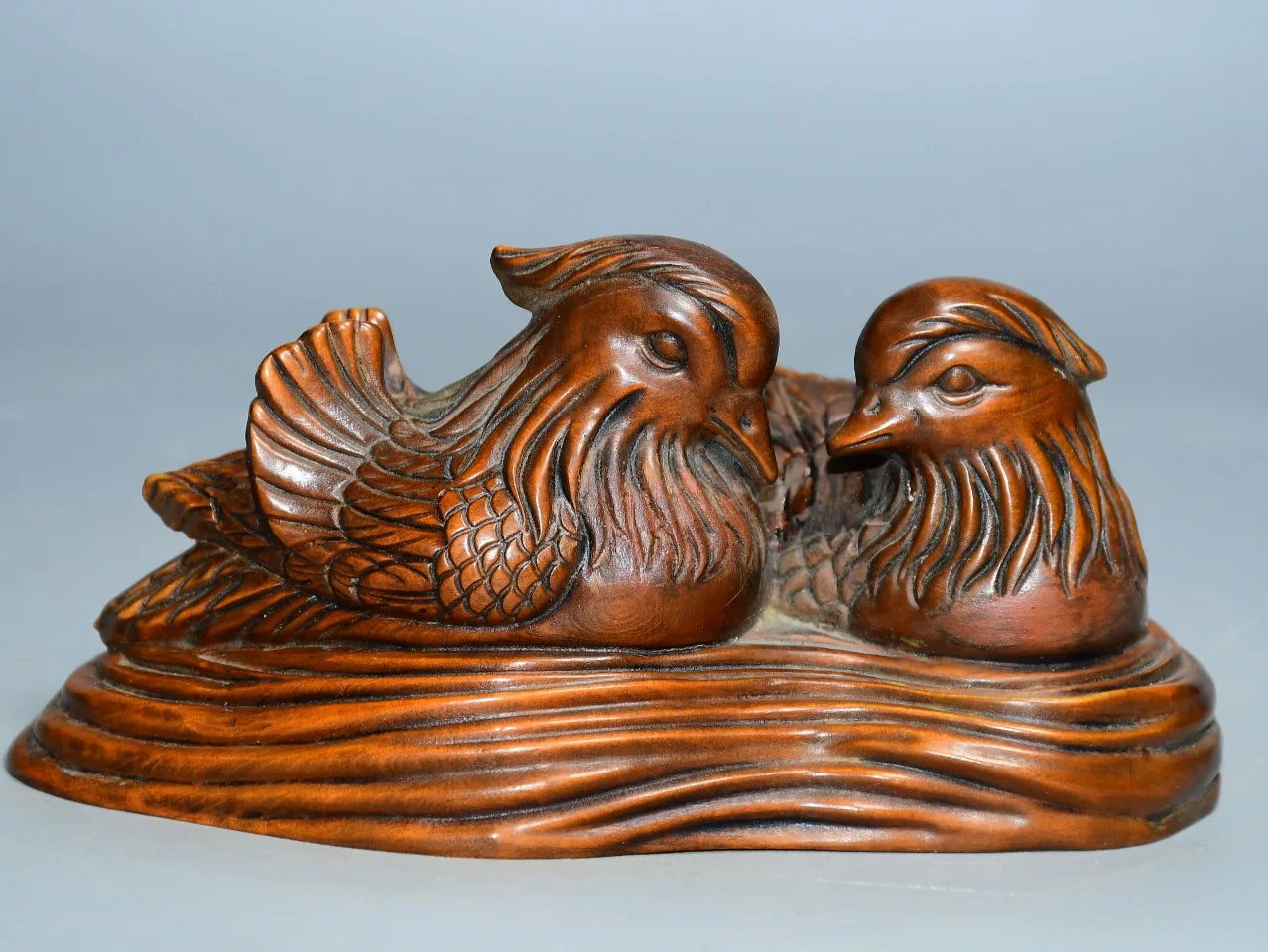 

5"Tibetan Temple Collection Old Boxwood Mandarin Duck Statue moral love perfect match ornament Gather fortune Town house