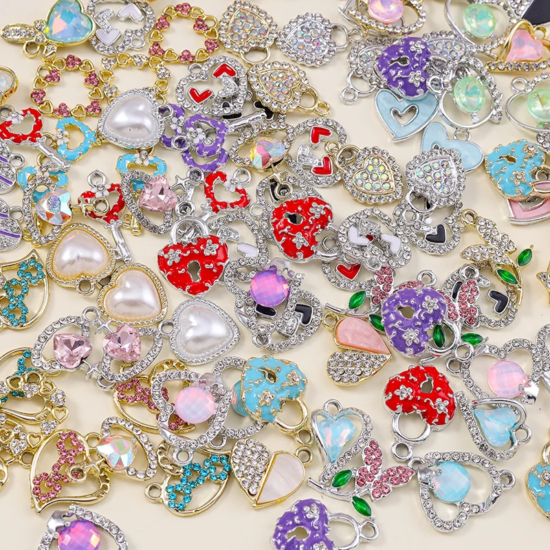 10 Stück gemischte Mode bunte Strasssteine Liebe Herz Charms einfache Halskette Armband Ohrringe DIY Anhänger Valentinstag Geschenke