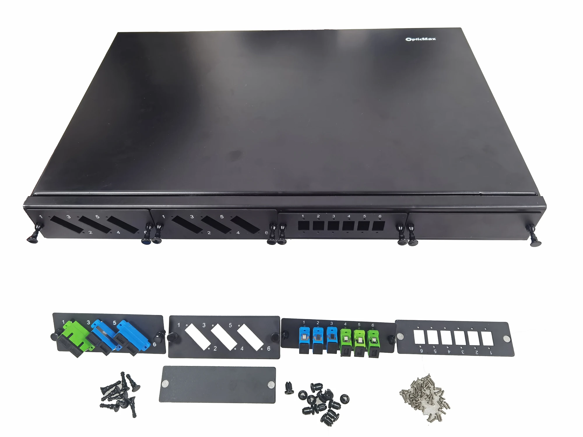 19'' 1U 24 Core Fixed Type Rack Mounted Fiber Optic Patch Panel with 4pcs Replaceable Adapter Front Panel