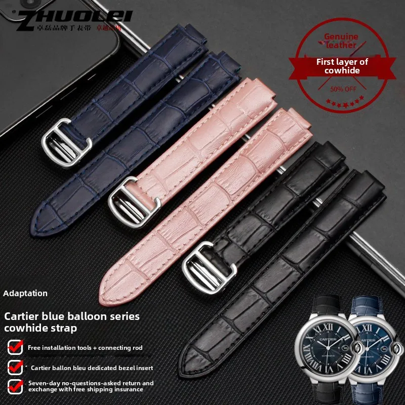 For Cartier Blue balloon The Black Knight Watch strap Convex Cowhide 14-8 16-8 20-12mm Men women Metal folding buckle watchband