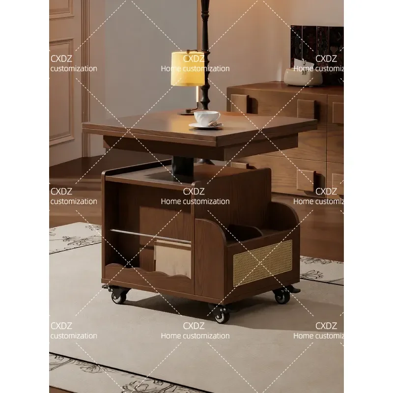 Medieval lifting coffee table folding mobile cart solid wood tea table tea table small apartment living room multi-functional