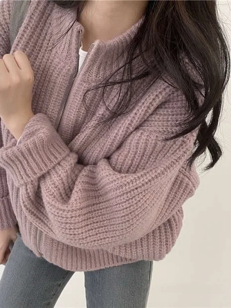 ay Zipper Casual Versatile Korean Hong Sle Knitted Cardigan Long Sve Stand Collar Women's Sweater Commute Sle Autumn...