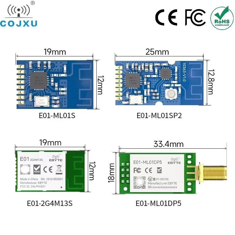 nRF24L01P nRF24L01 2.4GHz 500mW 27dBm Long Range COJXU E01 Series SPI Transceiver nRF24L01 PA LNA Wireless Transmitter Receiver