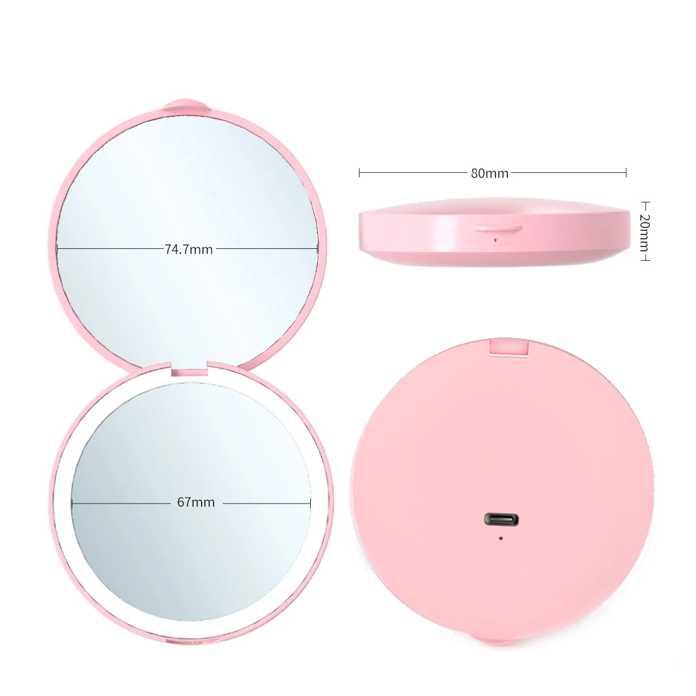 充電式両面ポケットミラー,コンパクトなバニティミラー,3色ライト,調光可能,小さなウォレットミラー,倍率1〜2倍