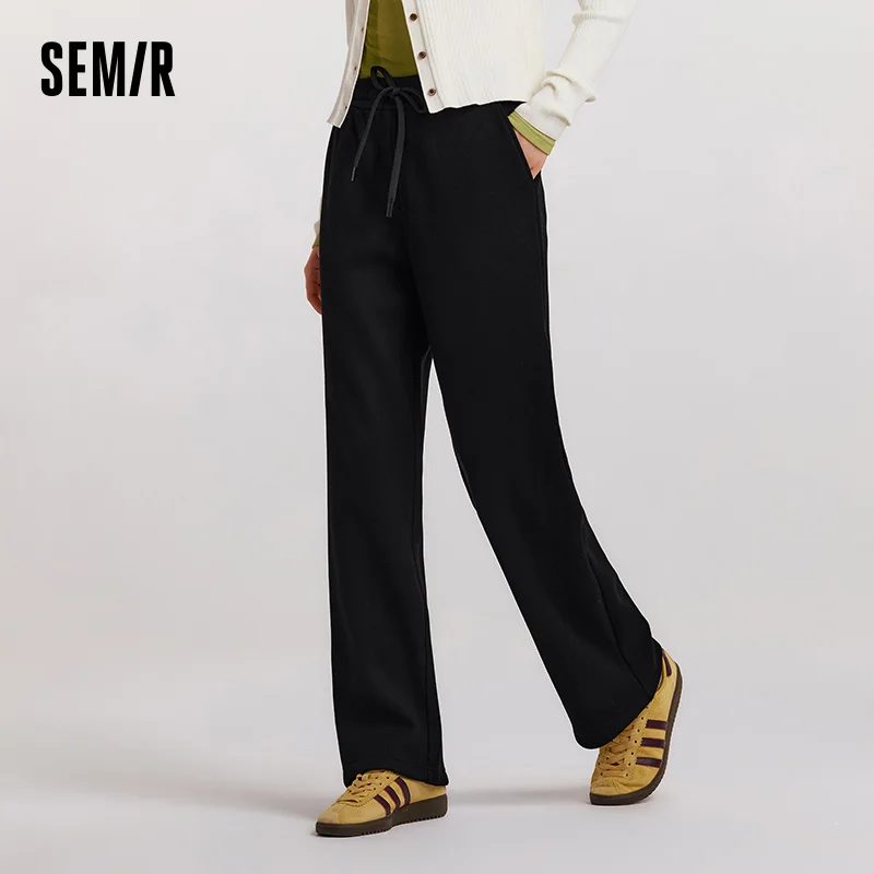 Semir Women Pants Fleece Lined Black Wool Look Wide Leg Loose Fit 2026 Minimal Warm Urban Casual Trousers
