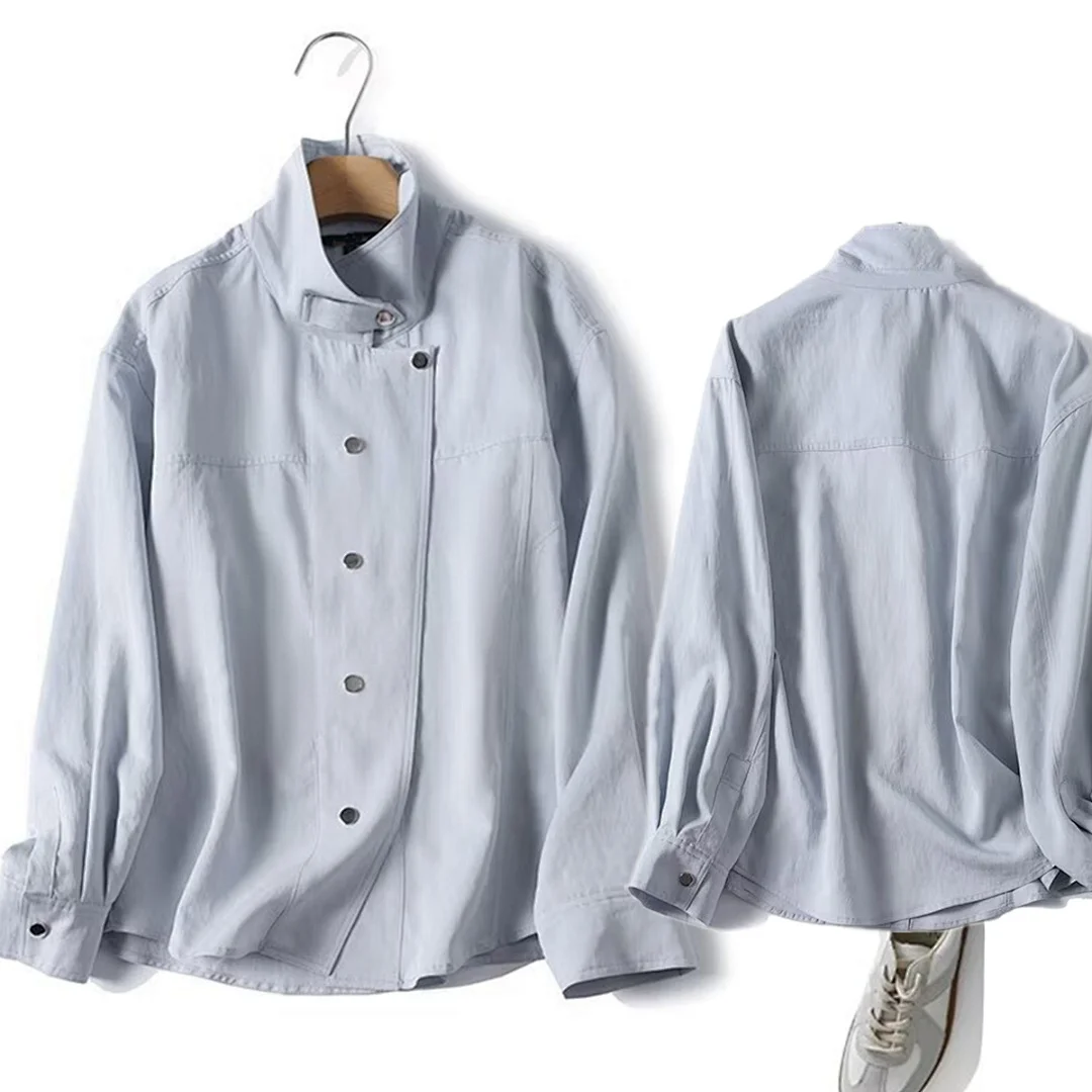 

Maxdutti Nordic Minimalist Lyocell Top Sky Blue Shirt Fashion Elegant Shirts & Blouses Women's Clothes Shirts Tops