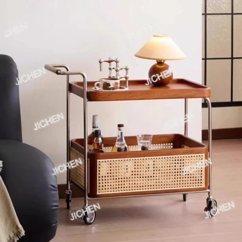 Solid Wood Stainless Steel Mobile Trolley Bedside Table Storage Rack Coffee Tables Desk Computer Desks Side Table Cart Furniture