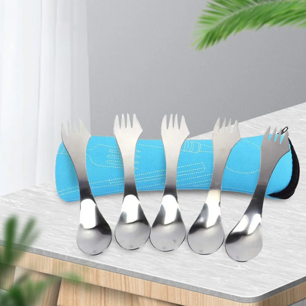 

2Pcs Three-purpose Spoon Stainless Steel Outdoor Camping Hiking Tableware Lightweight Creative Fork Picnic Dining Set