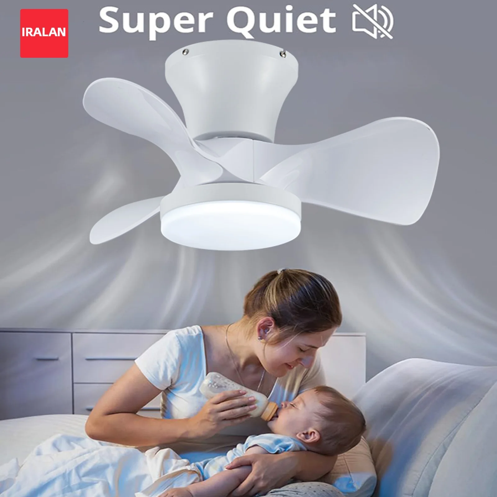 Kurzflügeliger elektrischer Ventilator mit Licht, Fernbedienung, dreifarbige Lichtdekoration, Beleuchtungskörper, leiser, kühlender Deckenventilator