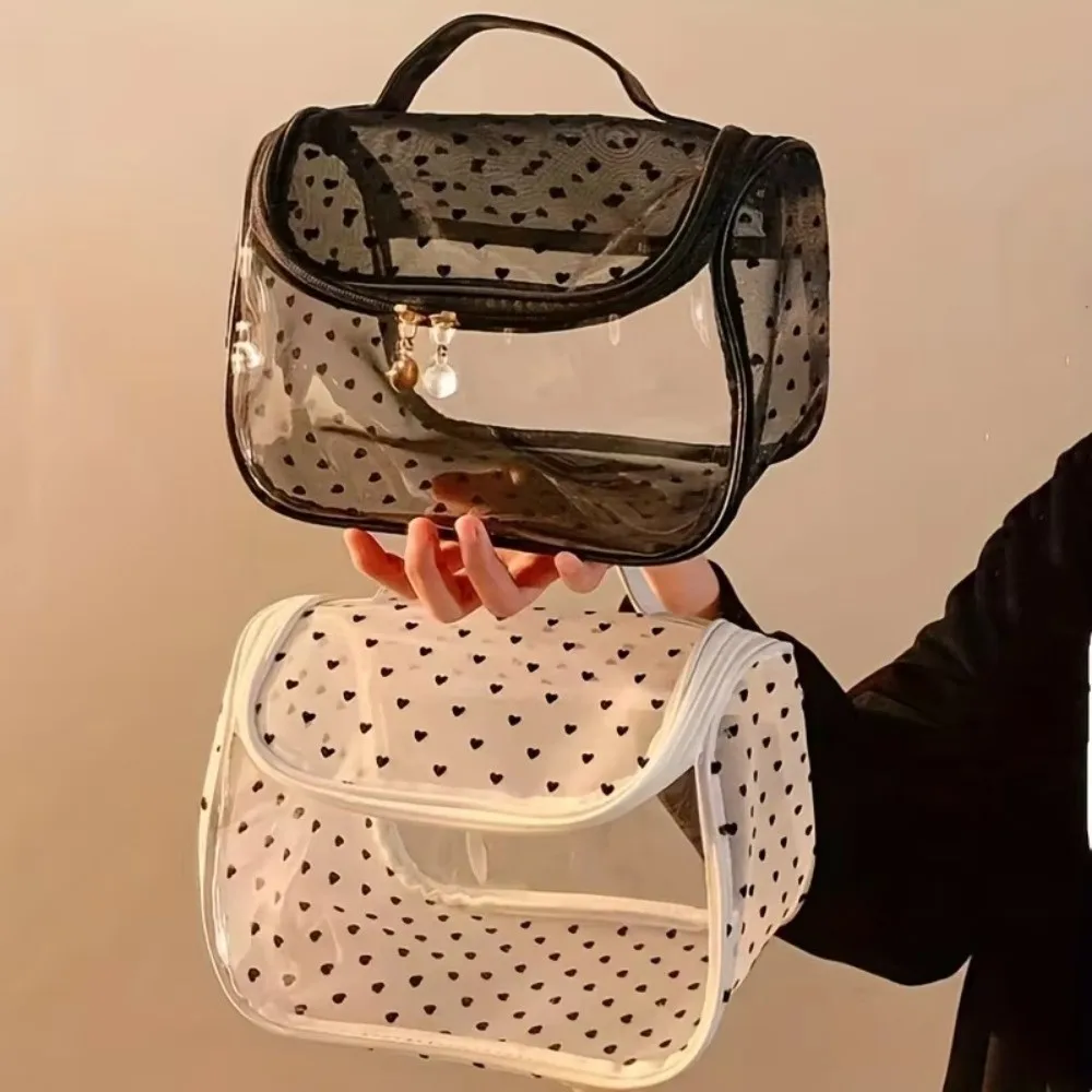 Portable Large Capacity Mesh Makeup Bag Heart Pattern Transparent Toiletry Organizer Zipper Storage Bag Travel