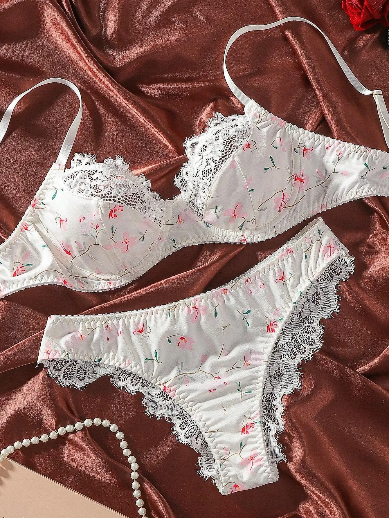 

White Floral Print Lace Trim Bra and Panty Set with Spaghetti Straps