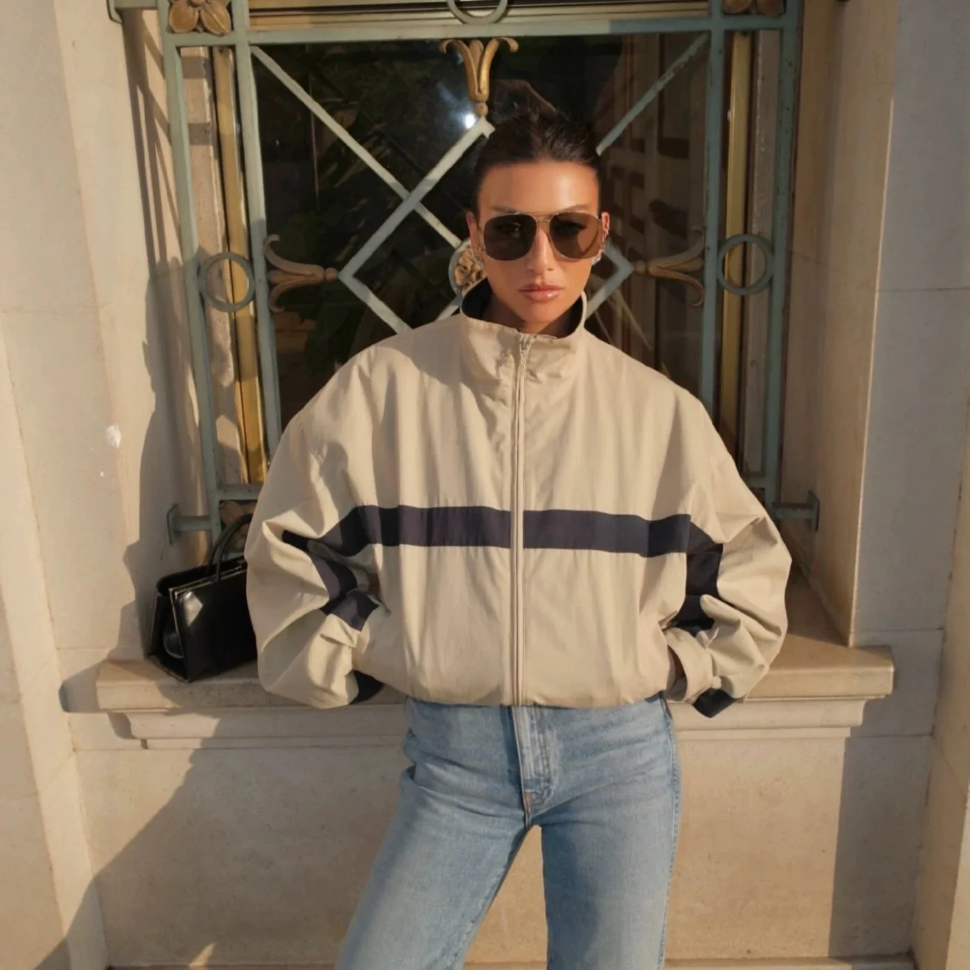 Color Block Jacket Ladies Stand Collar Zip Up Long Sleeve Soft Pocket Beige Cropped Loose Thick Warm Elegant Wear Casual Jacket