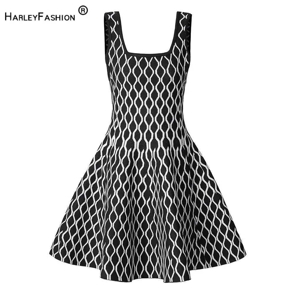 2025 High Quality Jacquard Vintage Style Lady Spring Sleeveless Square Collar Wear Women Mini Short Knitted A-line Dress