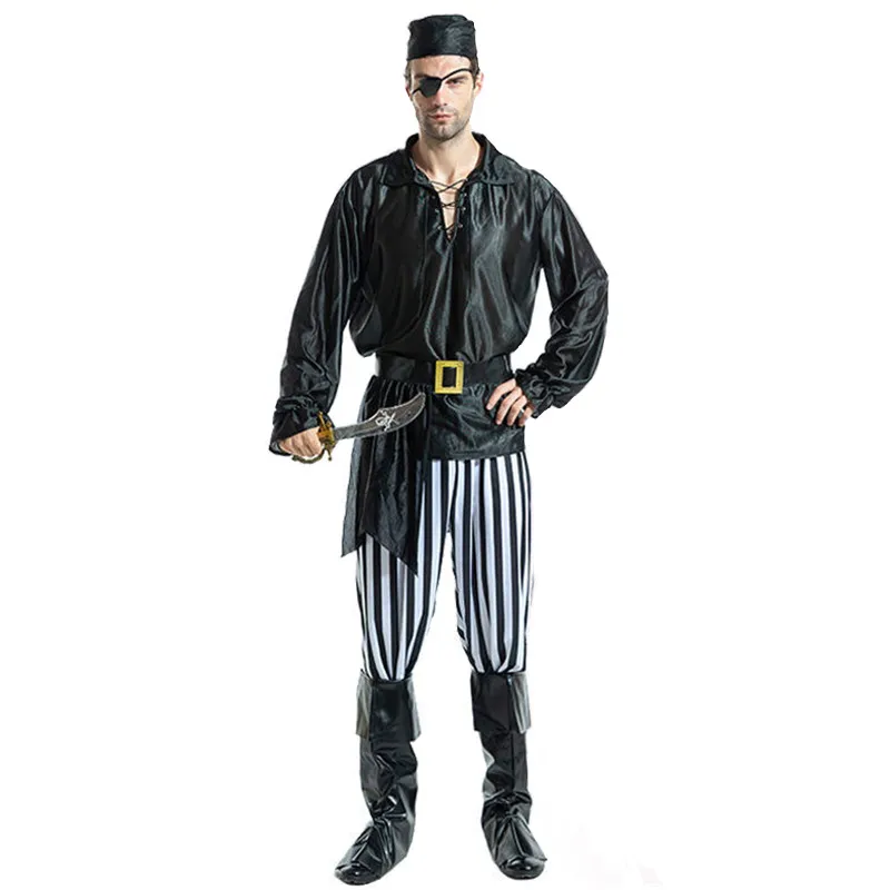 Black Men One-eyed Pirate Cosplay Adult Halloween Skull Robber Costumes Carnival Purim Stage Role Play Nightclub Bar Party Dress