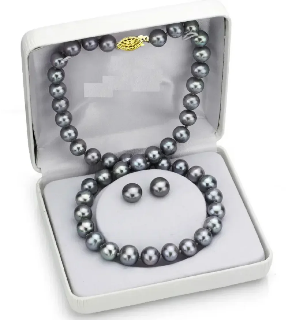 

Natural Pearl AAAA 9-10mm Natural Tahitian Black Pearl Necklace 18inch+Earrings 14K Gold