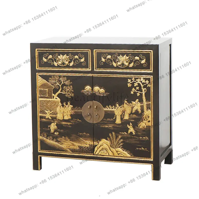 

Chinese solid wood dining side cabinet black gold painted antique foyer entrance locker